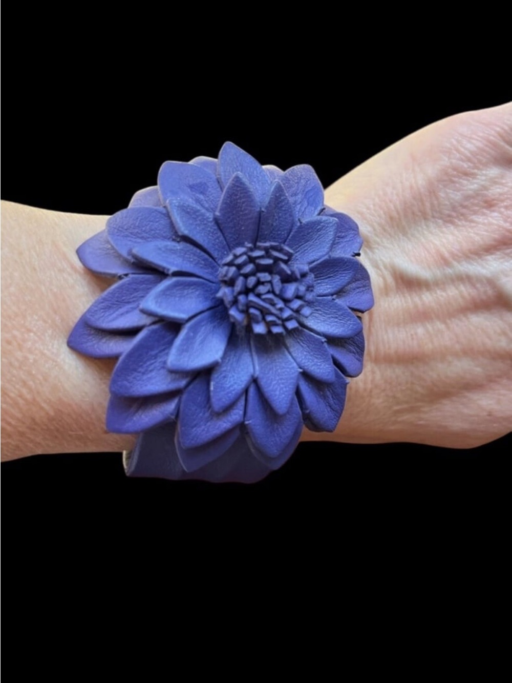 Handmade Purple Leather Flower Cuff Adjustable Floral Statement Bracelet